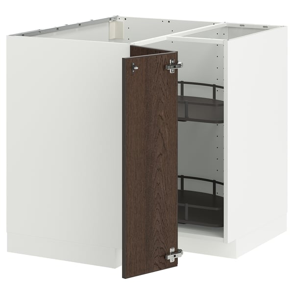 White METOD kitchen cabinet with dark brown door, shelves, sturdy frame.