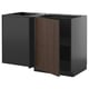 Modern kitchen unit, dark brown, with one open cabinet showing shelf.