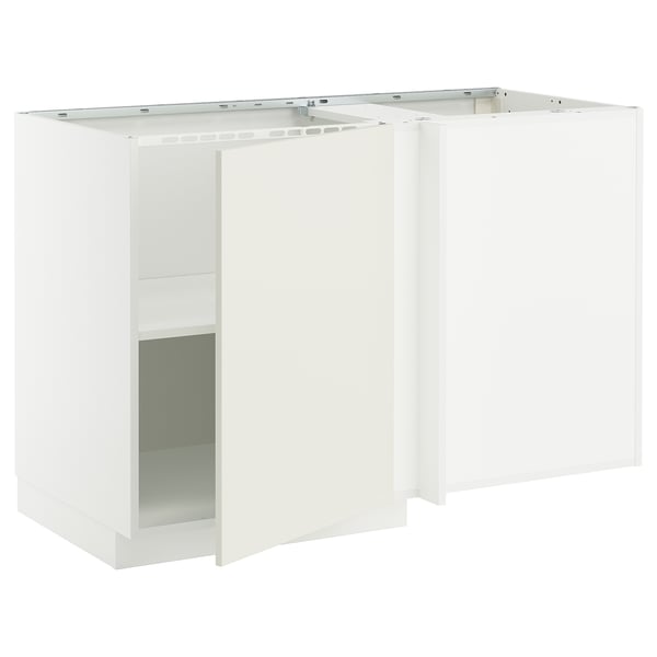 White METOD kitchen corner unit with glass door and adjustable shelf.
