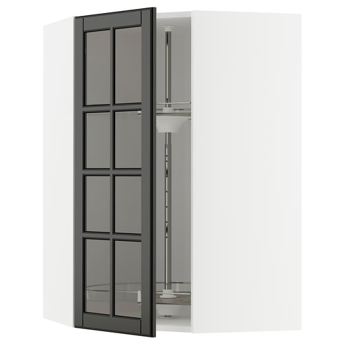 Open METOD kitchen cabinet with black glass doors featuring bevelled edges.