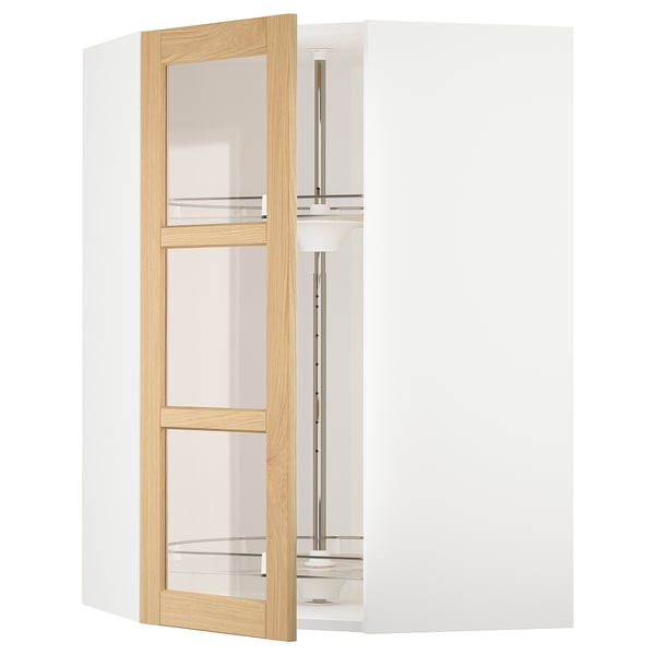 METOD kitchen cabinet with oak-trimmed glass doors, white, rectangular, modern design.