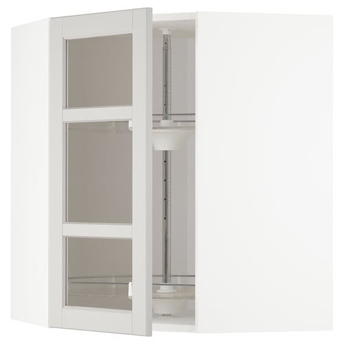 White METOD kitchen cabinet with glass doors and bevelled edges, adjustable shelf.