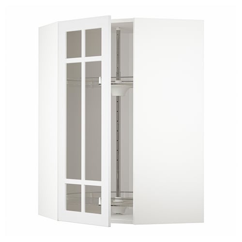 White METOD kitchen cabinet with glass doors and carousel shelf.