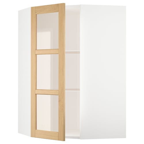 A white METOD kitchen cabinet with light wood frames and three glass shelves.