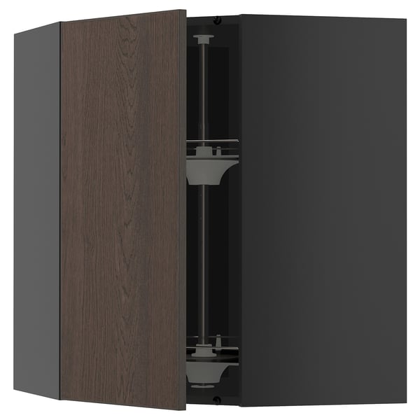 Modern wall cabinet with dark brown wood finish, metallic hinges, and adjustable internal shelf.