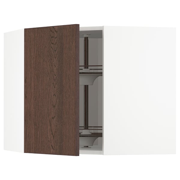 METOD kitchen unit: dark brown wooden door, white cabinet, open for view.