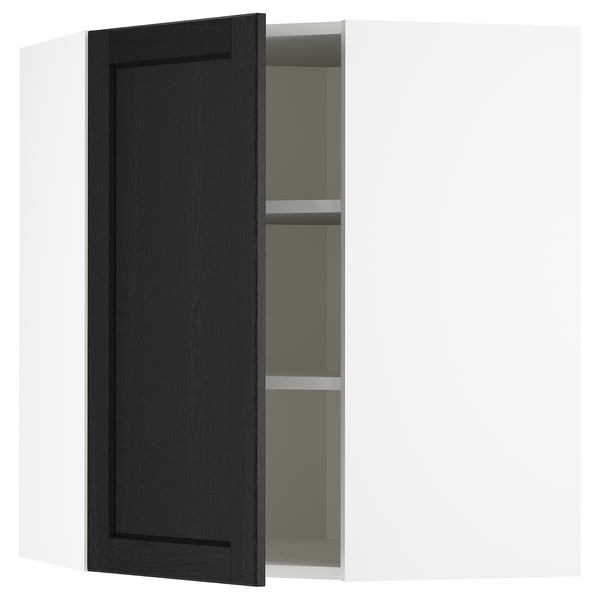 METOD black kitchen cabinet, dark stained, open door, wall-mounted, rectangular.