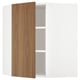 A modern, white kitchen cabinet with a single, open wooden door in a walnut finish.