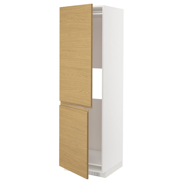 A tall, white METOD kitchen cabinet with light wood doors and integrated handles.