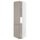 Tall white cabinet with beige doors, slim handles, three shelves.