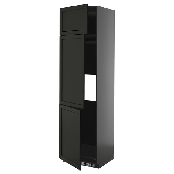 Black tall kitchen cabinet, sleek design, three doors, adjustable shelf.