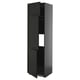 Black tall kitchen cabinet, sleek design, three doors, adjustable shelf.