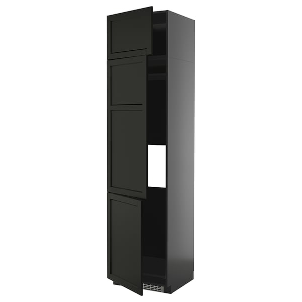 Black METOD tall kitchen cabinet with three shelves, sleek design, glossy finish.