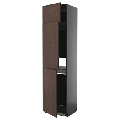 Brown oak kitchen cabinet, tall, modern.