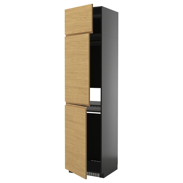 METOD kitchen cabinet with oak-colored doors and black frame.