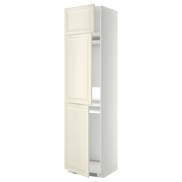 METOD kitchen cabinet in off-white with bevelled edges, tall and slim, featuring two doors and adjustable shelves.