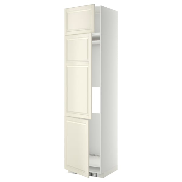 A tall, off-white kitchen cabinet with a classic beveled design, featuring three shelves and two doors.