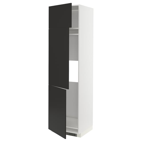 A white and black METOD kitchen cabinet with three open black doors revealing adjustable shelves inside.