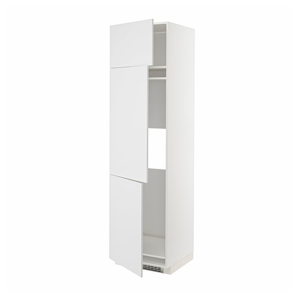 White METOD kitchen cabinet, modern design, three doors, adjustable shelves.