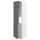 Modern kitchen tall unit, grey, white, sleek design. Shelves, vented bottom, black handle.