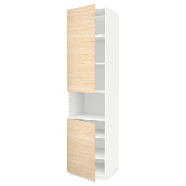 A white METOD kitchen cabinet with light ash wood doors. It includes two adjustable shelves.