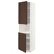 A white kitchen cabinet with dark brown wooden doors, featuring a modern design with two adjustable shelves.