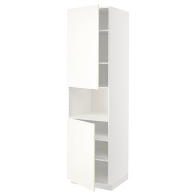 A white METOD kitchen cabinet with a modern design, featuring two adjustable shelves and a door on the right.