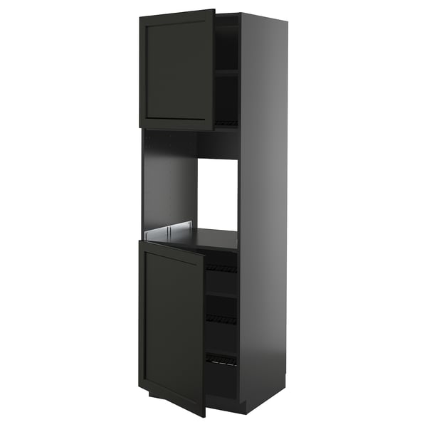 Grey METOD kitchen cabinet, traditional style, partly open.