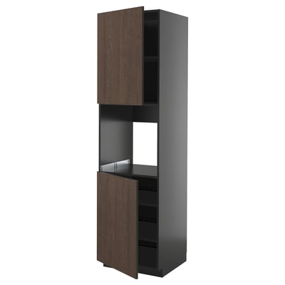 A dark brown wooden cabinet from the ikea METOD kitchen system, featuring adjustable shelves and a modern design.