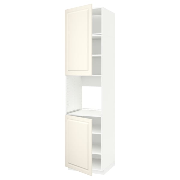 METOD kitchen unit in off-white, two adjustable shelves in a tall, rectangular shape with beveled edges and nickel-plated hinges.