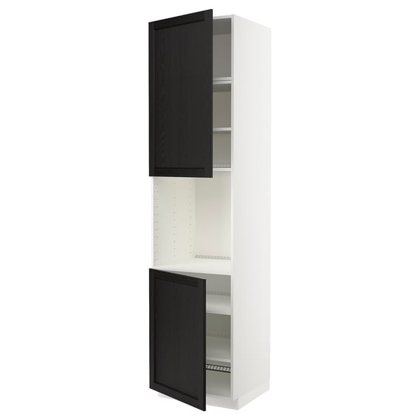 A tall white kitchen cabinet with black wooden doors, each with adjustable shelves, designed with a traditional character.