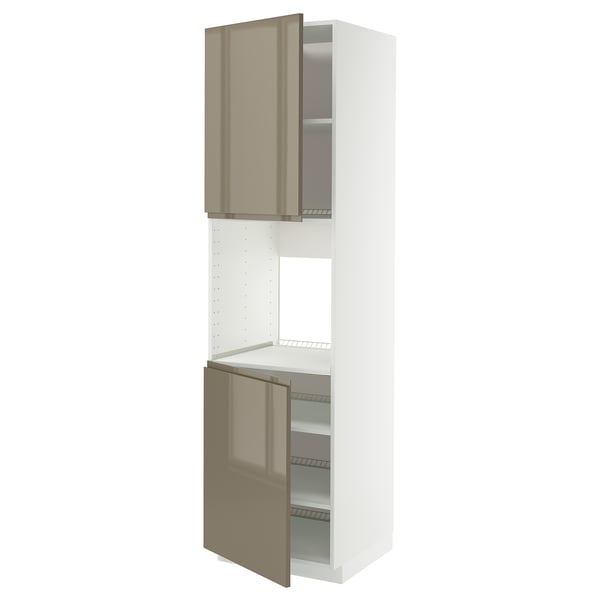 METOD kitchen unit with gray-brown glossy doors, white shelves, adjustable shelves, sleek design.