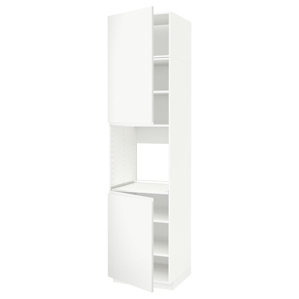 A white METOD kitchen cabinet. It has a modern design with adjustable shelves, sturdy construction, and snap-on hinges.