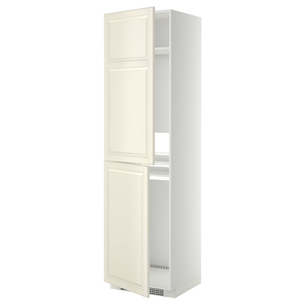 Displays an off-white METOD kitchen cabinet with beveled edges and adjustable shelves.