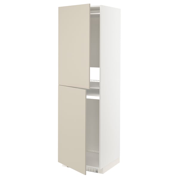 Beige high cabinet in ikea METOD system, featuring smooth, modern design with two doors, one adjustable shelf, and sleek handles.