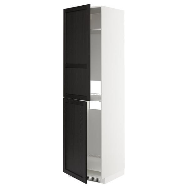 Black and white tall cabinet with two wooden doors open, revealing storage shelves, METOD kitchen system.