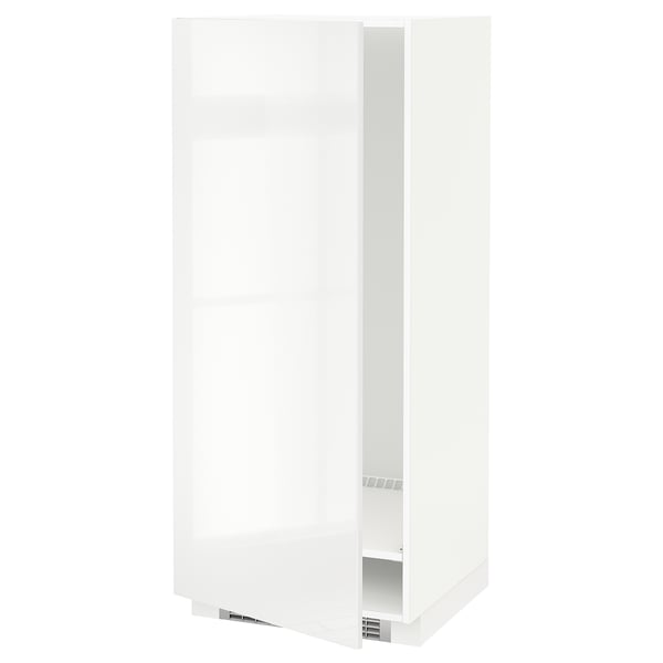 A white METOD high cabinet with a glossy finish, featuring an adjustable shelf and reversible door.
