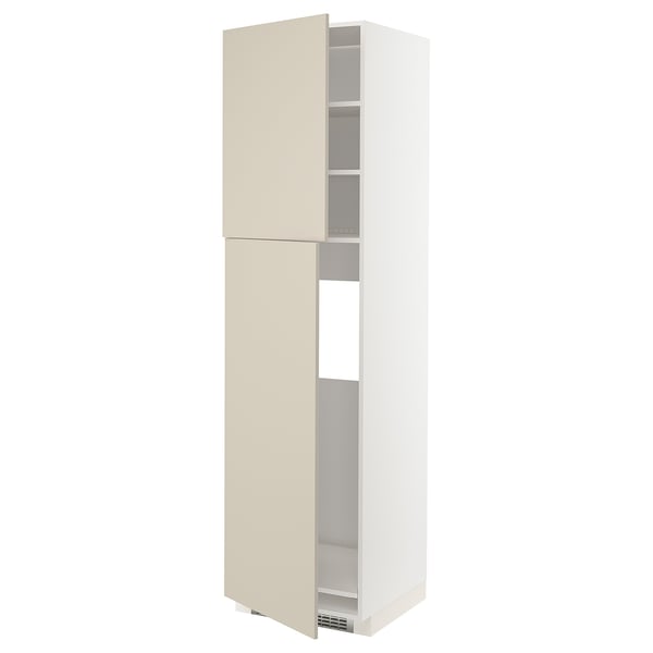 A beige METOD tall kitchen cabinet with shelves.