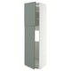 A modern, tall kitchen cabinet with green-grey doors. It adjustable shelves and a sleek design.
