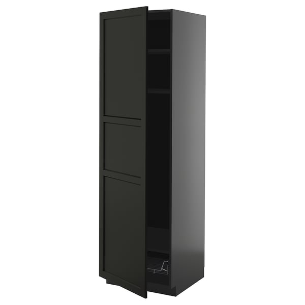 METOD black kitchen cabinet. Tall, slim, with two doors and adjustable shelf. Made of wood and fiberboard, dark finish.