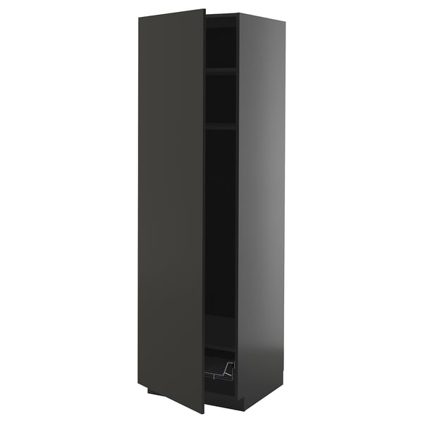 A modern kitchen cabinet, black, with one open shelf.