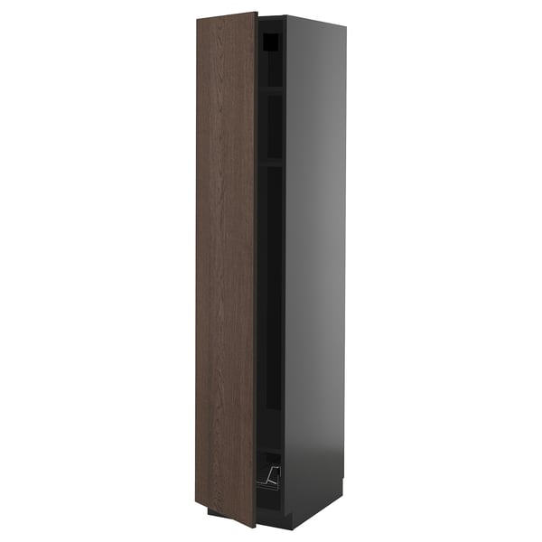 Dark brown wooden cabinet with glass door, metal shelf, modern design.
