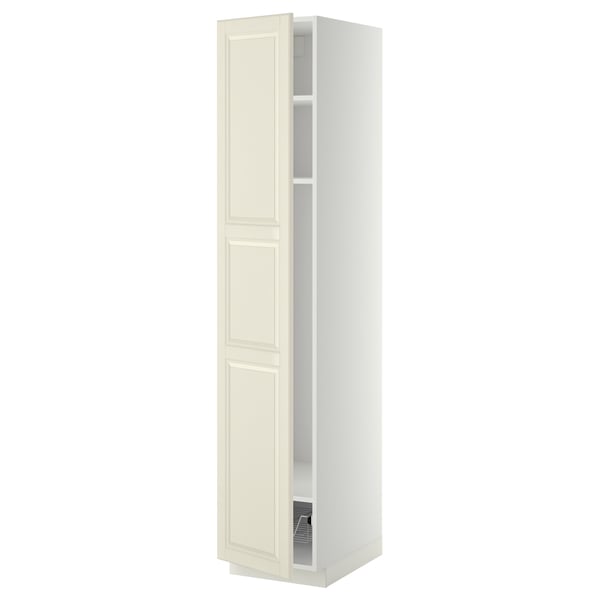 White tall cabinet with bevelled cream door, slim design.