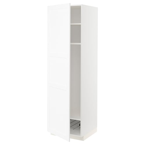 White METOD kitchen cabinet with one open door, two shelves, and a wire basket.