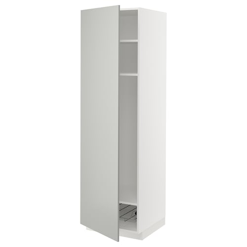 White upright kitchen cabinet, modern minimalist design, light grey, high with one open door revealing shelves and basket.