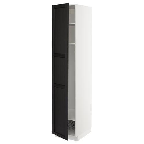Modern white tall kitchen cabinet with black stained ash door, featuring adjustable shelves.