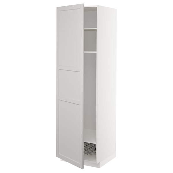 White METOD tall cabinet with one open door revealing shelves and a wire basket.