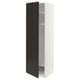 Open white kitchen cabinet with black door, shelves visible; minimalist design.