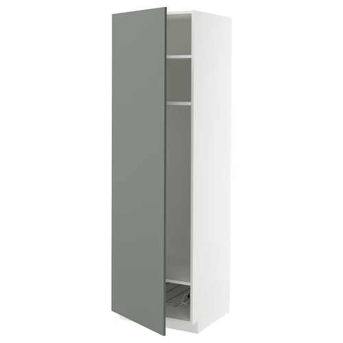 Ikea METOD kitchen cabinet with blue-green door, adjustable shelf, metal wire basket, modern design.