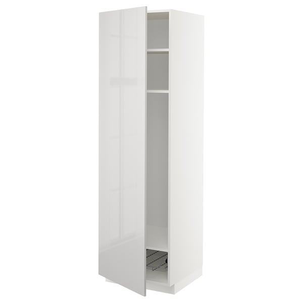 White high gloss tall cabinet, modern design with one adjustable shelf, minimalist style.